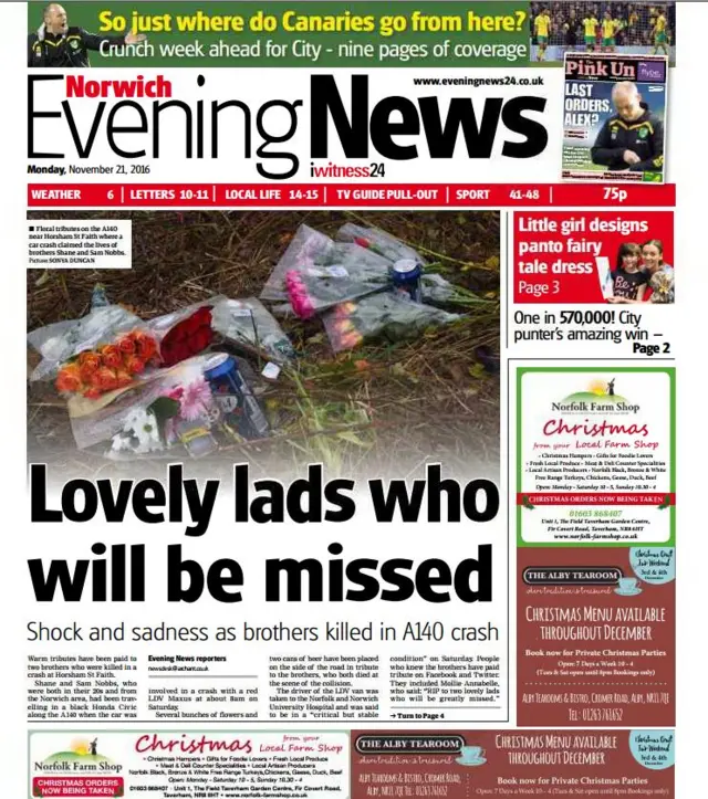 Front page of the Norwich Evening News