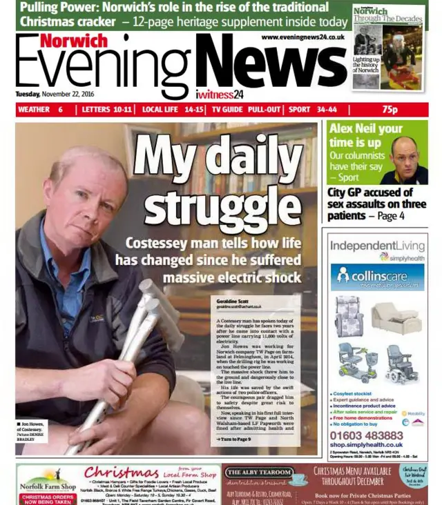 Front page of Norwich Evening News