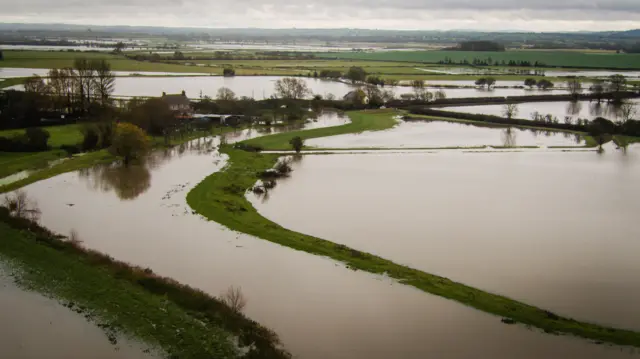 Flooded fields between the villages of Langport and Muchelney, Somerset, where the Levels have flooded.