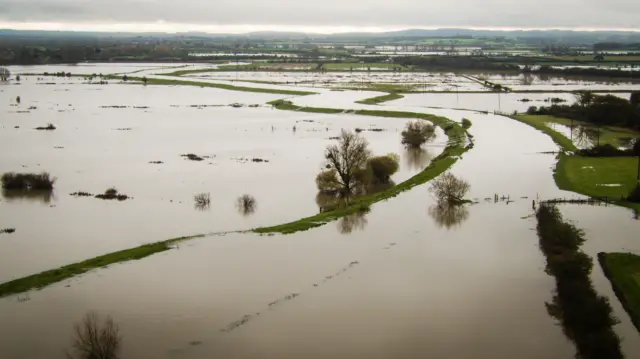 Flooded fields between the villages of Langport and Muchelney, Somerset, where the Levels have flooded.