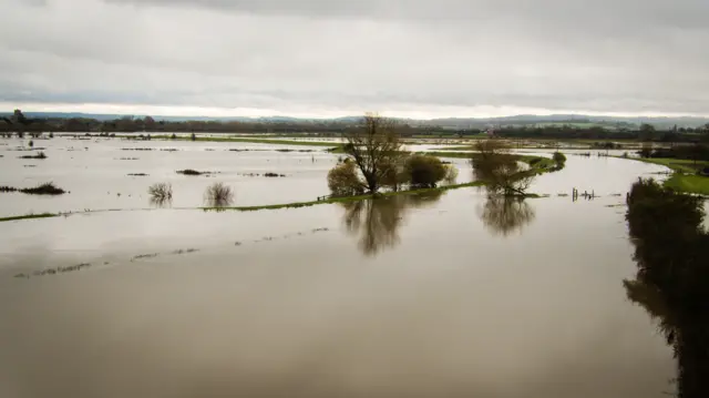 Flooded fields between the villages of Langport and Muchelney, Somerset, where the Levels have flooded.