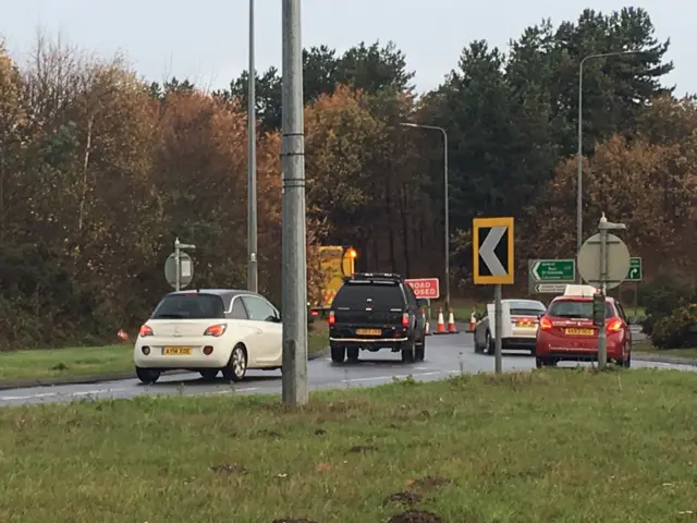 Closure signs on roundabout