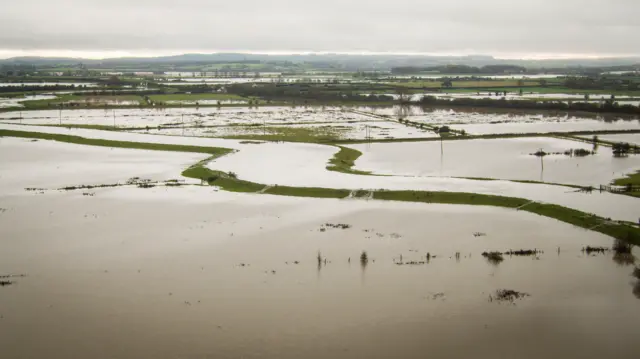 Flooded fields between the villages of Langport and Muchelney, Somerset, where the Levels have flooded.