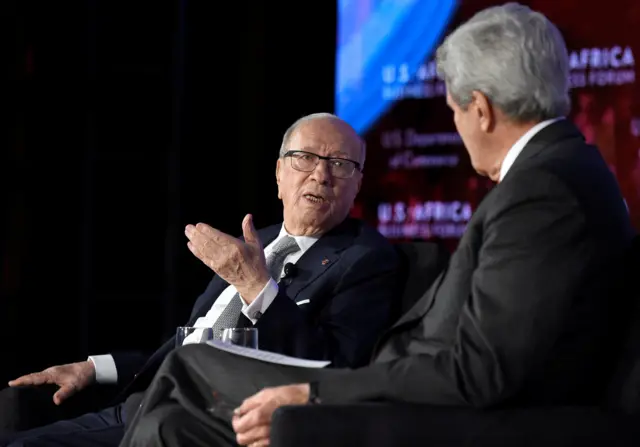 The President of Tunisia Beji Caid Essebsi and the US Secretary of State, John Kerry