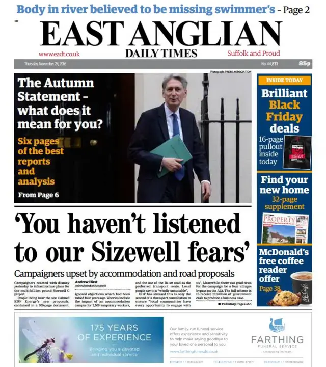 Front page of East Anglian Daily Times