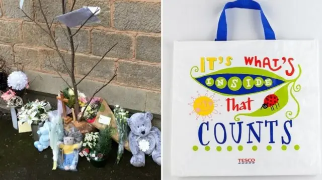 Flowers at St Peter's Church/Tesco carrier bag