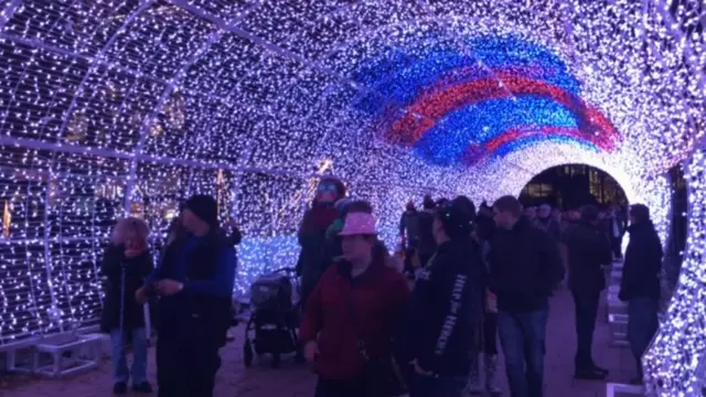 The tunnel of light, with visitors, and illuminations