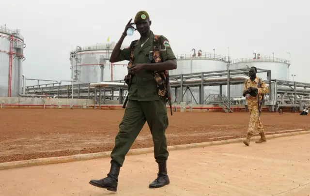 Security forces patrol the Dar Petroleum Operating Company oil production operated in Palogue oil field within Upper Nile State