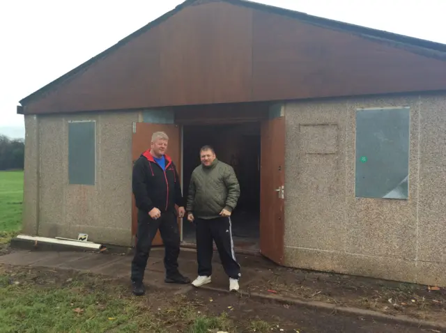 Neil Wall and Brian Robb outside derelict fotball pavillion on Hills Lane Madeley