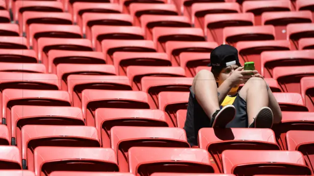 Fan on phone in a stadium