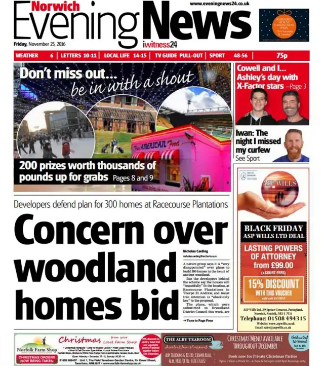 Front page of the Norwich Evening News