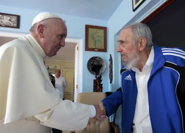 Pope Francis and Cuba's Fidel Castro shakes hands, in Havana, Cuba, on 20 September 2015.