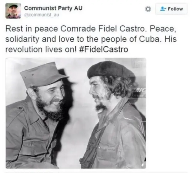 A tweet grieving Castro from the Communist Party of Australia