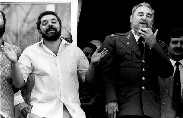 Luiz Inácio Lula da Silva, then Workers" Party (PT) chairman and now President of Brazil, beside ex-Cuban President Fidel Castro, in São Paulo, southeastern Brazil, July 3, 1990