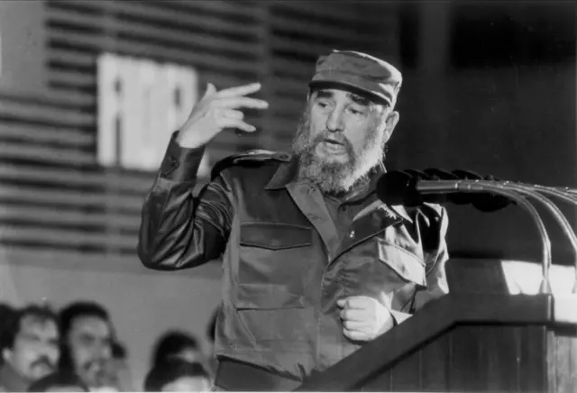 This file photo taken on 30 December 1988 shows Cuban president Fidel Castro delivering a speech during the inauguration of work at a hospital in Havana