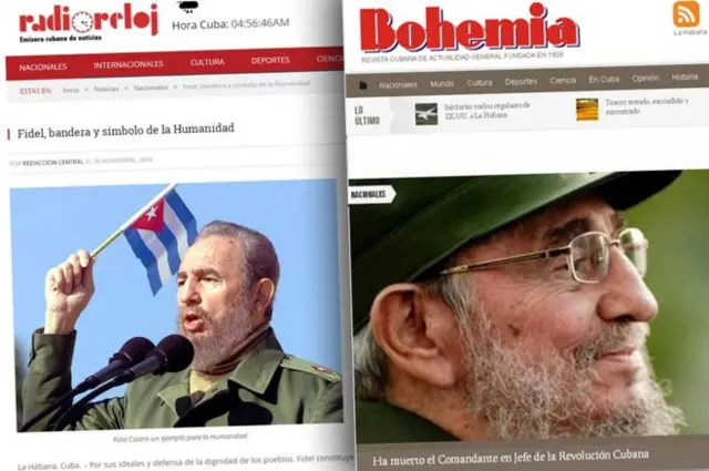 Screen grabs of Cuban newspapers covering the death of Fidel Castro