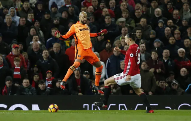 Darren Randolph in action with Manchester United's Zlatan Ibrahimovic