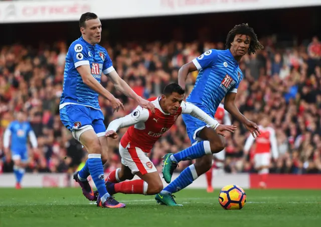 Alexis Sanchez is fouled by Nathan Ake