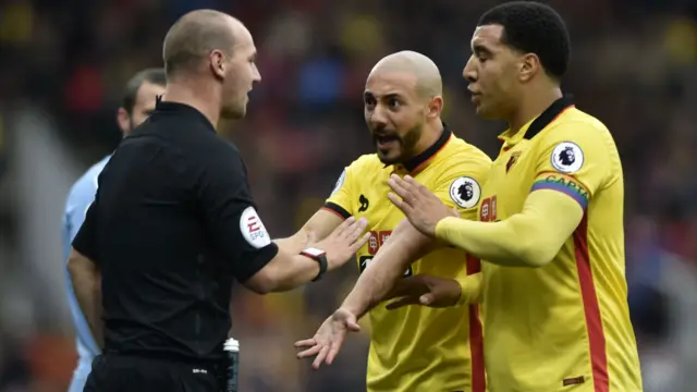 Watford remonstrate with the referee