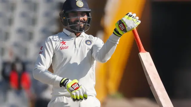 Ravindra Jadeja waves his bat