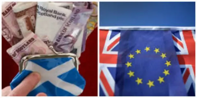 Money, saltire purse and UK and EU flags