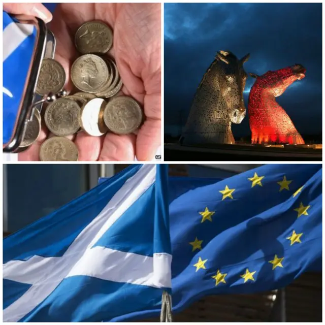 Money, saltire and eu flag and Kelpies