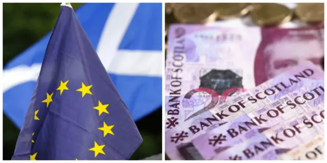 Saltire, EU flag, money