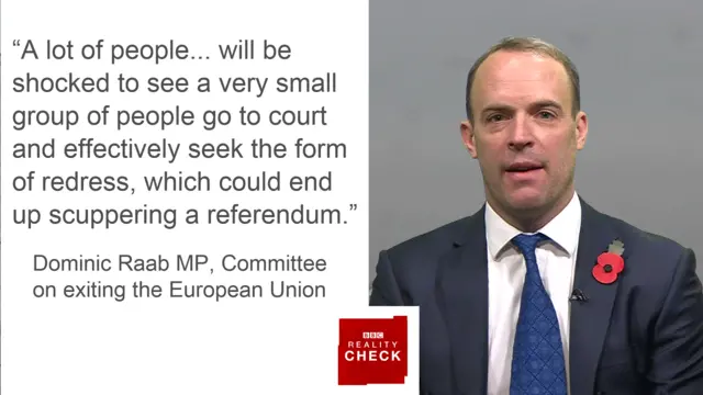 Dominic Raab MP saying: A lot of people... will be shocked to see a very small group of people go to court and effectively seek the form of redress, which could end up scuppering a referendum.