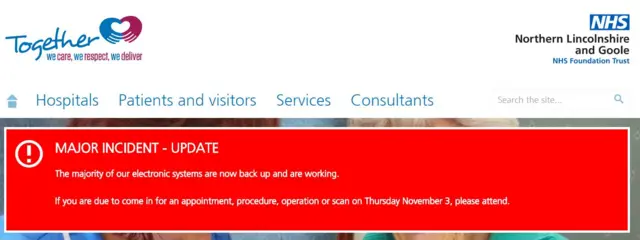 Screen grab of message saying hospital services are running again