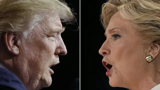 This combination of pictures created on November 03, 2016 shows Republican presidential candidate Donald Trump in Cleveland, Ohio on 22 October and Democratic nominee Hillary Clinton in Las Vegas, Nevada on 19 October.