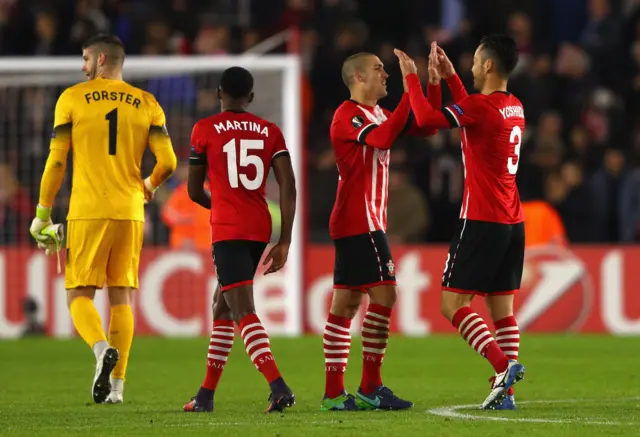 Oriol Romeu of Southampton celebrates with Maya Yoshida of Southampton