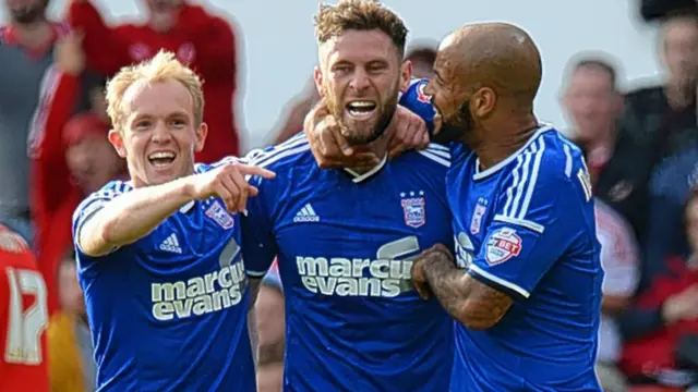 Jonny Williams, Daryl Murphy and David McGoldrick celebrate an Ipswich Town goal