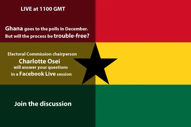 Ghana flag with promo text for live interview with election chief