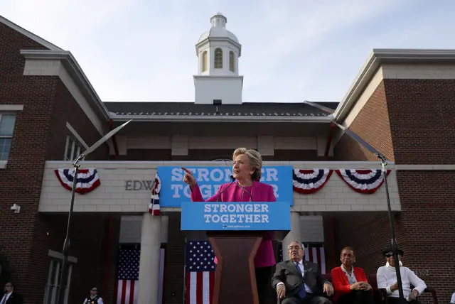 Democratic presidential nominee Hillary Clinton speaks during a campaign rally at Pitt Community College in Winterville, North Carolina earlier in the day.