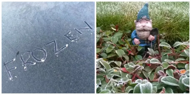 The word frozen scratched into frost on a car windscreen and a garden gnome surrounded by frosty leaves