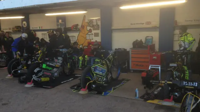 Speedway bikes in the pits at Foxhall Stadium in Ipswich