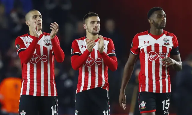 Southampton"s Oriol Romeu, Dusan Tadic and Cuco Martina celebrate