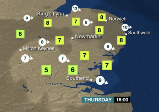 Weather map for the east of England