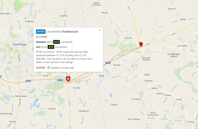 Map showing area of crash on M180