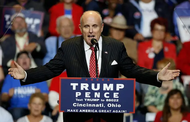 Former mayor of New York City Rudy Giuliani speaks at the beginning of a Republican presidential candidate Donald Trump campaign rally in Cincinnati, Ohio.