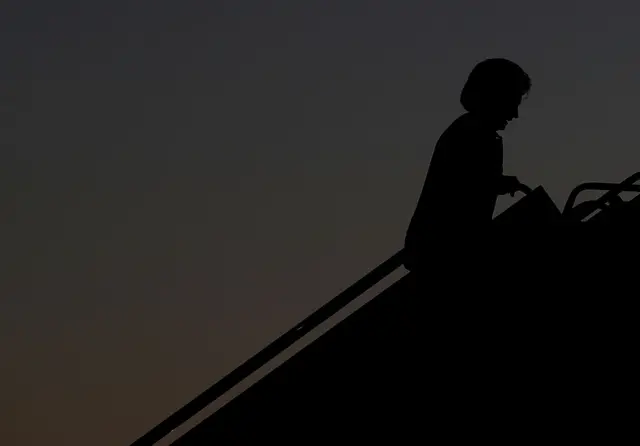 Hillary Clinton boards her campaign plane at McCarran International Airport in Las Vegas, Nevada.