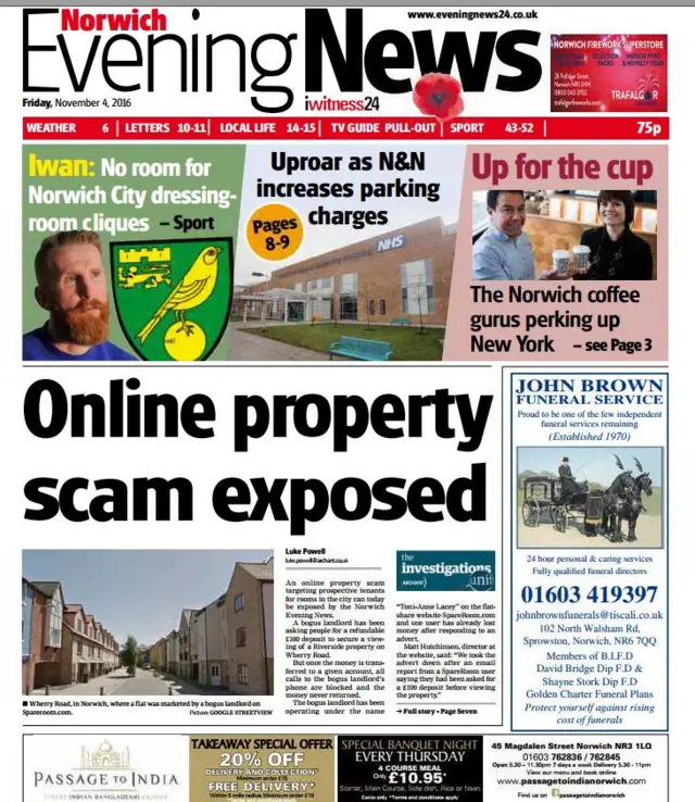 Norwich Evening News front page