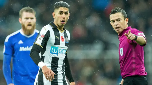 Newcastle striker Ayoze Perez and referee Tony Harrington