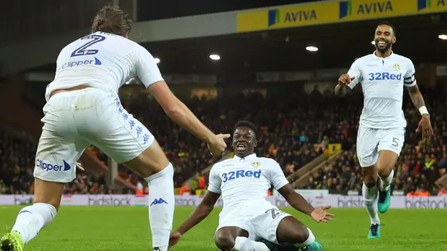 Ronaldo Vieira celebrates scoring the winner for Leeds United at Norwich City