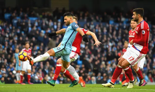 Sergio Aguero of Manchester City scores