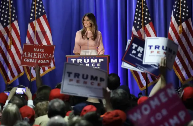 Melania Trump, wife of Republican presidential candidate Donald Trump, speaks in Berwyn, Pa, Nov 3