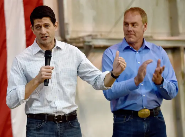 Paul Ryan (L) campaigns for a Montana congressman last week