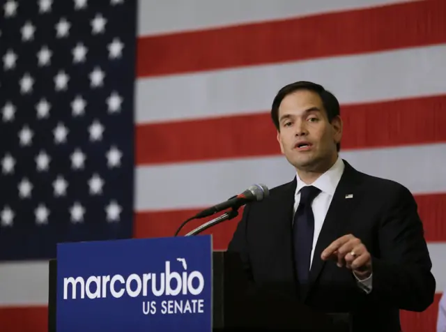 Senator Marco Rubio speaks to supporters at a primary election party in Kissimmee, Florida.