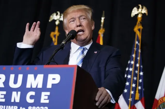 Republican presidential candidate Donald Trump speaks during a campaign rally in Sarasota, Florida.