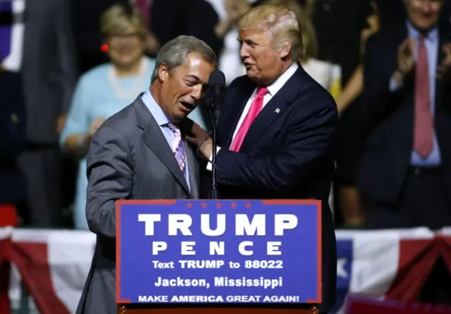 Nigel Farage and Donald Trump onstage at Trump campaign event in Jackson, Mississippi